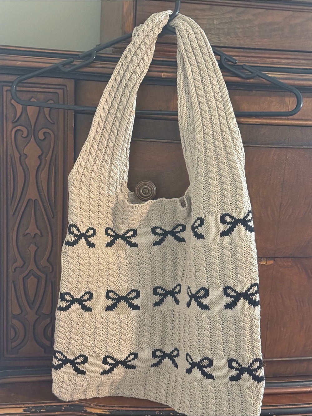 Woven Cream Tote Bag with Black Bow Pattern